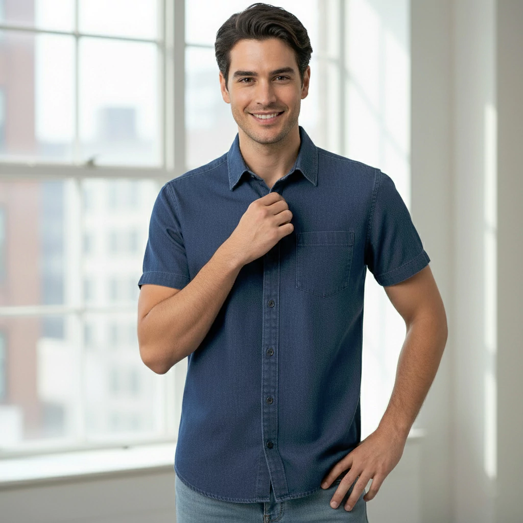 پیراهن مردانه لی آبی کاربنی آستین کوتاه - Image 3