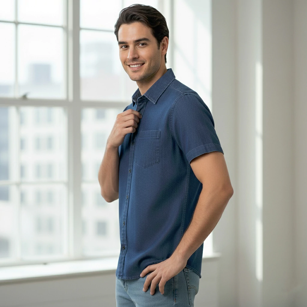 پیراهن مردانه لی آبی کاربنی آستین کوتاه - Image 4